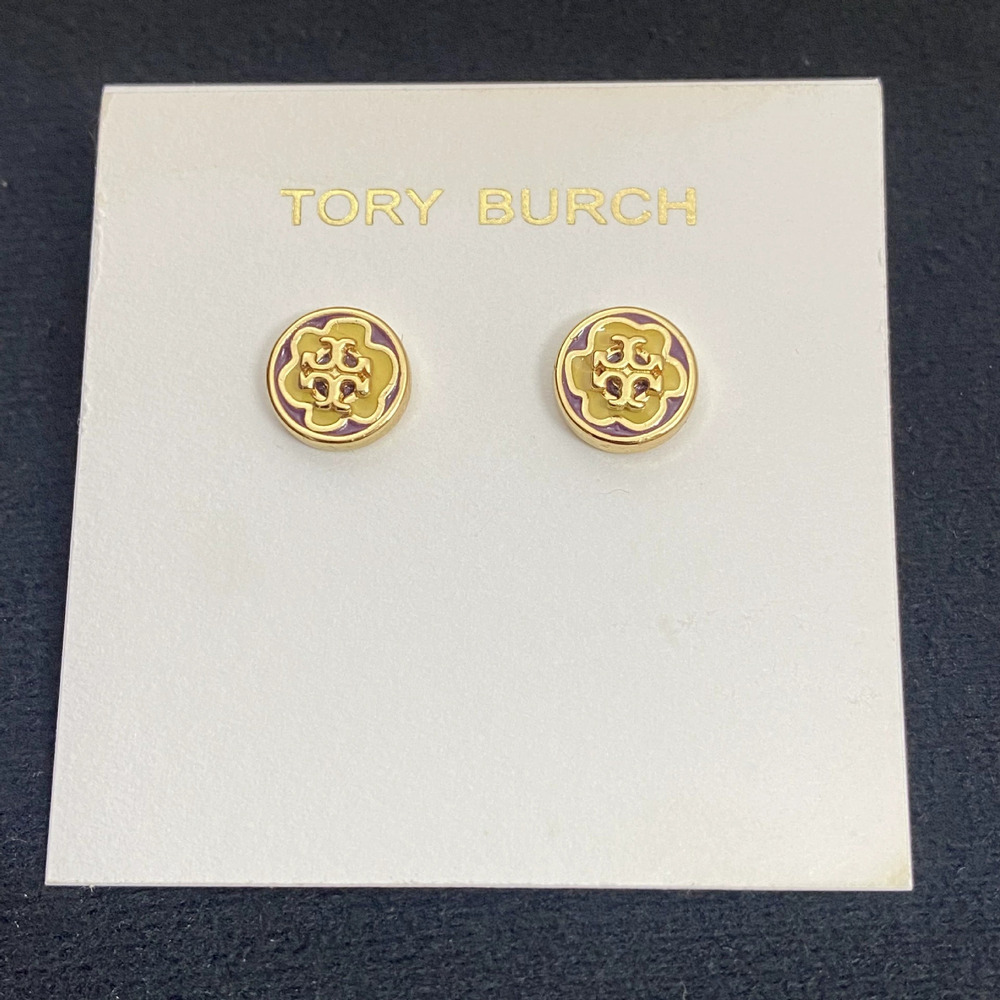 Tory Burch Enamel Geometric Round Letter Metal Stud Earrings
